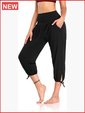 Loose Capri Yoga Pants with Pockets, High Rise, Elastic Waist